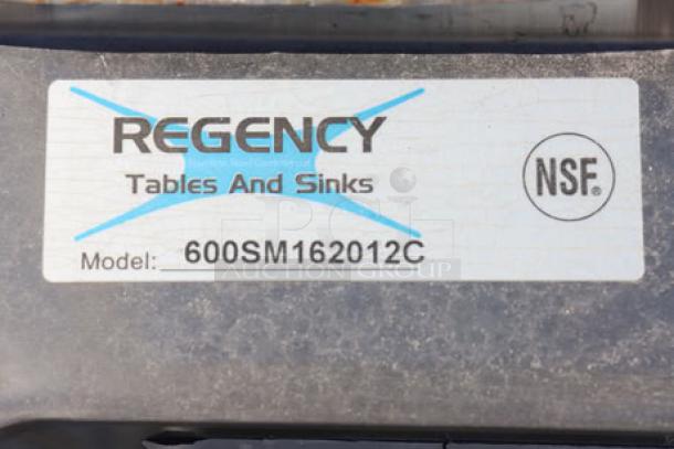 NSF certified Regency sink label showing model 600SM162012C.
