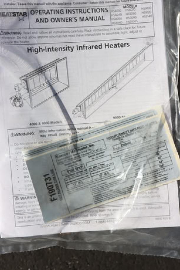 HeatStar HS9120SPLP high-intensity overhead radiant propane heater, 120,000 BTU, new, minor scratches, with manual and labels.