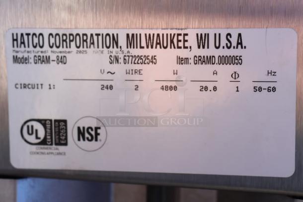 Hatco GRAM-84D-6 Glo-Ray infrared warmer label showing specs; 240V, 4800W, with UL and NSF certifications.