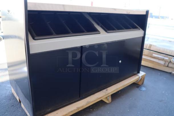 All State Manufacturing OCS490 coffee stand, 49"x23.25"x34", with two condiment trays. Dented and scratched top panel.