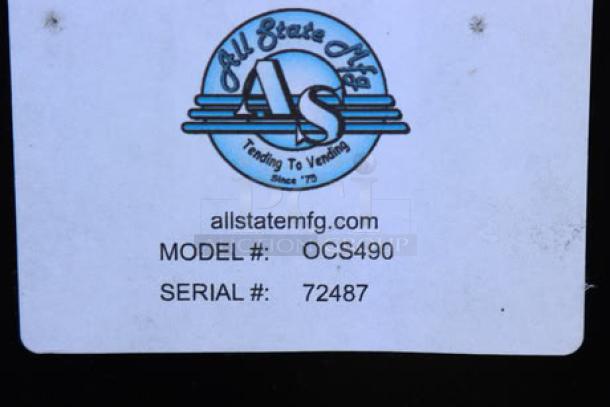 All State Manufacturing label with logo, model OCS490, serial 72487; detail for auctioned coffee stand.