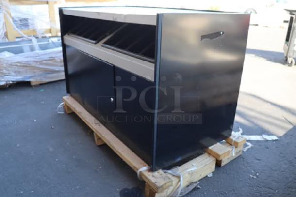 All State Manufacturing coffee stand, model OCS490, 49"x23 1/4"x34", two condiment trays, top panel dented and scratched.