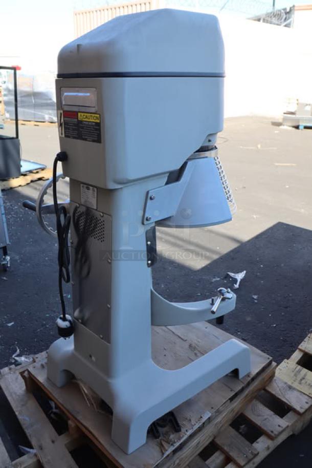 Brand new Globe SP40 40 Qt. Planetary Floor Mixer, 208V, 3 Phase, 2 hp, with guard, serial number 7452007, on pallet.