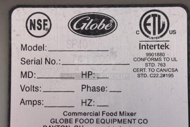NSF and ETL certified label for Globe SP40 mixer. Details: Serial No. 7452007, 208V, 3 Phase, 2 hp. Markings ensure compliance.
