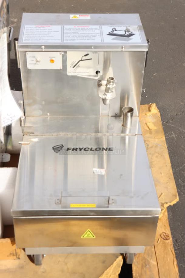BRAND NEW Fryclone OF-55 fryer oil filter machine, 55 lb. capacity, 2-way pump, 120V, broken wheel, S/N: 2411035075.