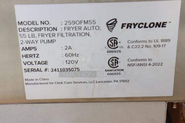 BRAND NEW SCRATCH-N-DENT Fryclone OF-55 fryer oil filter machine; 55 lb., 2-way pump, 120V. Wheel broken. S/N 2411035075.