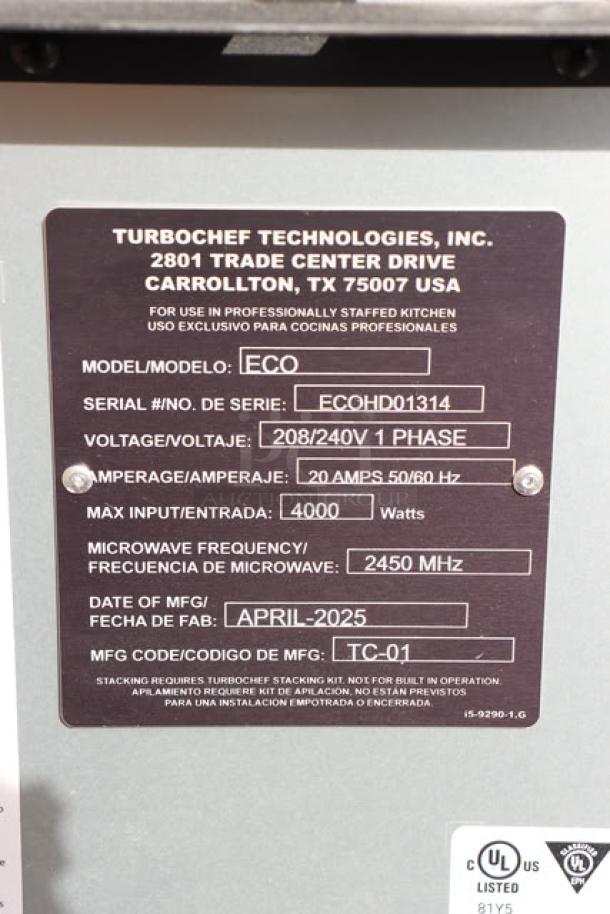 TurboChef Eco Stainless Steel Rapid Cook Ventless Oven, S/N: ECOHD01314, 208/240V, 1 Phase, 4000W, new condition, UL certified.