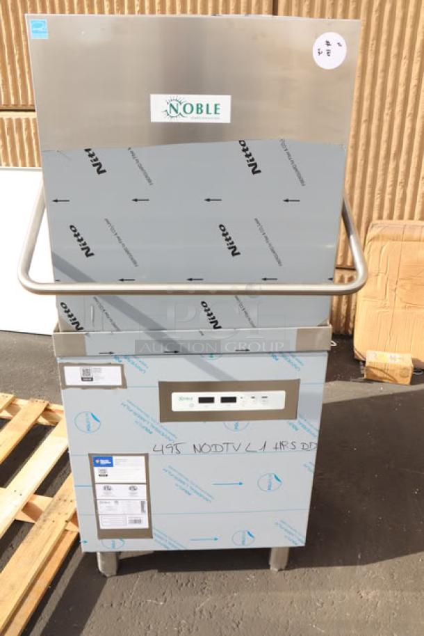 Brand new Noble Warewashing DTVL1 ventless dishwasher; missing back right leg. Includes labels and model info.