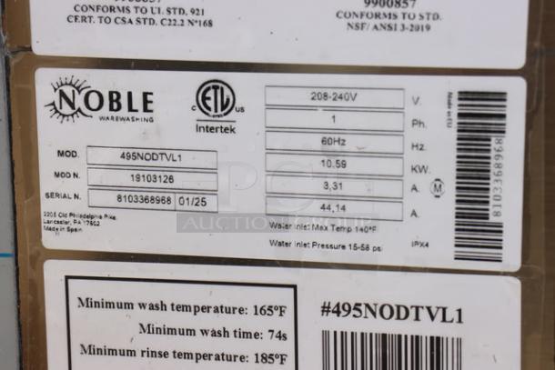 Noble Warewashing DTVL1 dishwasher label; 208-240V, 1 phase, serial 8103368968, MFG date 01/2025, missing back right leg.