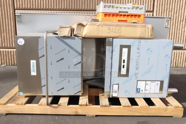 Brand new Noble Warewashing DTVL1 ventless dishwasher. Missing back right leg. Serial: 8103368968. MFG Date: 01/2025.