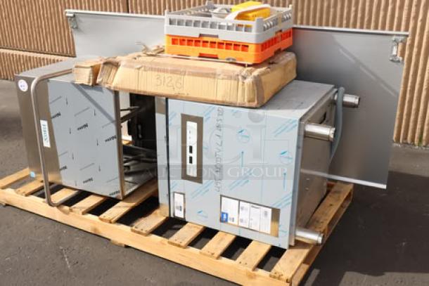 Brand new Noble Warewashing DTVL1 ventless dishwasher, model marked as SCRATCH-N-DENT, missing back right leg, MFG 01/2025.