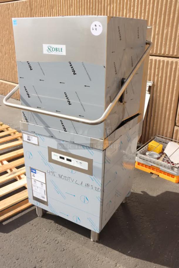 Brand new Noble Warewashing DTVL1 ventless dishwasher, missing back right leg. Serial: 8103368968. MFG Date: 01/2025.