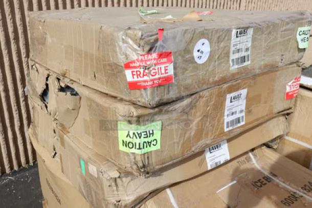 Three cases of Lavex adjustable height steel leg sets for workbenches, model 257wblegs, in damaged original packaging.