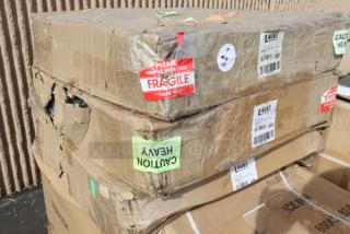 Three cases of Lavex adjustable height steel leg sets for workbenches, model 257wblegs, in damaged original packaging.