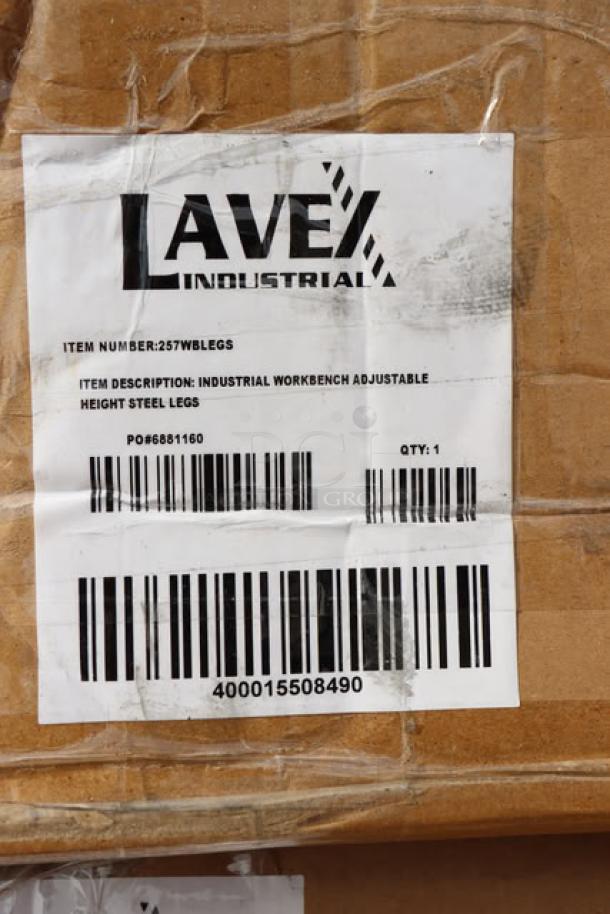 Three cases of Lavex model 257wblegs adjustable height steel leg sets for workbenches. Original packaging damaged.