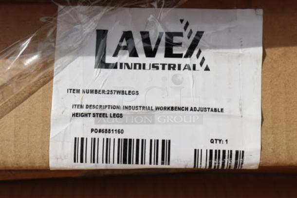 Lavex Industrial adjustable height steel leg set for workbenches, model 257wblegs. Original packaging damaged.