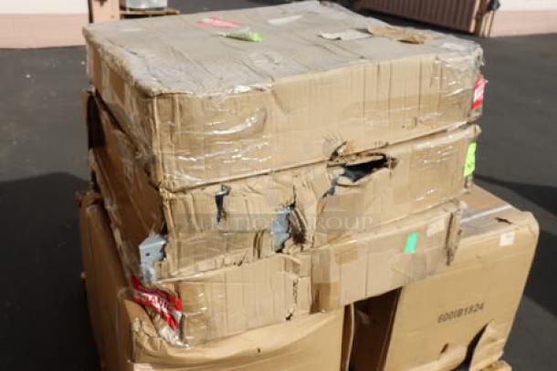 Three cases of Lavex Adjustable Height Steel Leg Sets, model 257wblegs, in damaged original packaging.