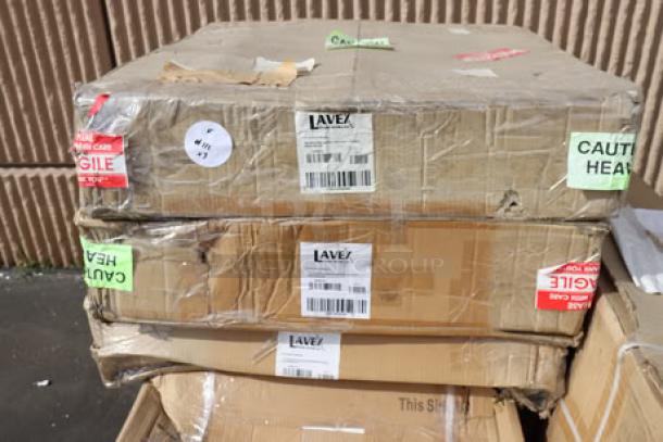 Three cases of Lavex adjustable height steel leg sets for workbenches, model 257wblegs. Original packaging is damaged.