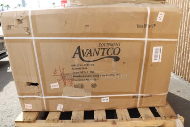 Brand new Avantco OMS-284 44" x 28" stainless steel omelet/pasta station in original packaging, model OMS-284.