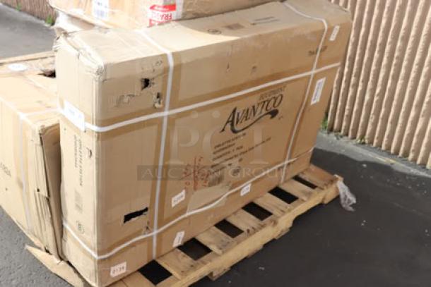 Brand new Avantco OMS-284 44" x 28" stainless steel omelet/pasta station base in original packaging on a pallet.
