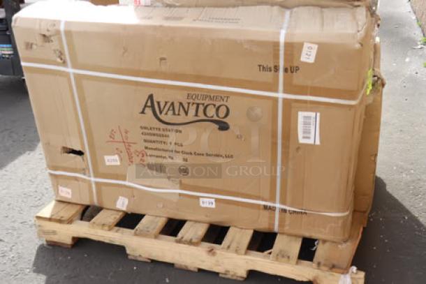 Brand new Avantco OMS-284 44" x 28" stainless steel omelet/pasta station base in original packaging on a pallet.