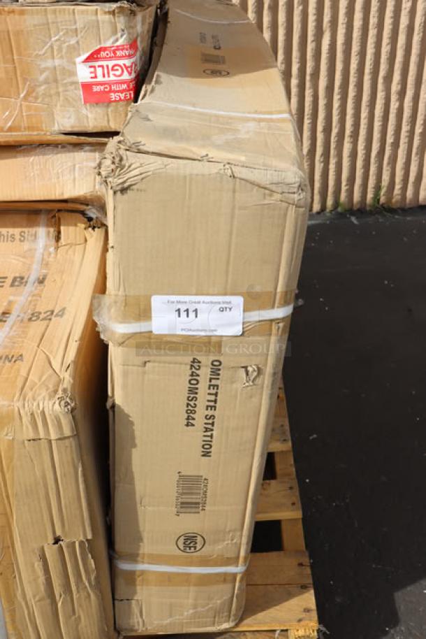 Brand new Avantco OMS-284 44" x 28" stainless steel omelet/pasta station in original packaging. Box shows minor wear.