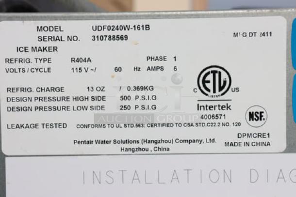 Manitowoc UDF0240W ice machine label, model UDF0240W-161B, serial 310788569, 115V, UL certified. Made in China.