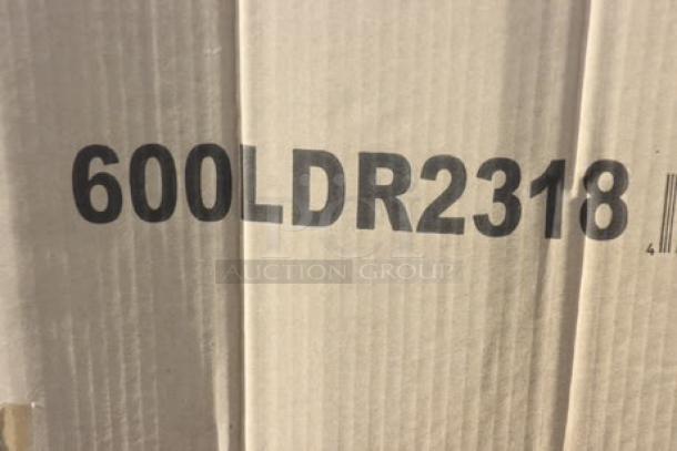 Cardboard box labeled "600LDR2318" containing Regency LDR-2318 liquor display rack.
