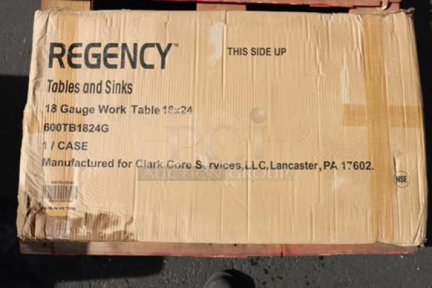 Regency box for 18" x 24" 18-gauge work table. Includes shipping details from Lancaster, PA. Slight packaging wear visible.