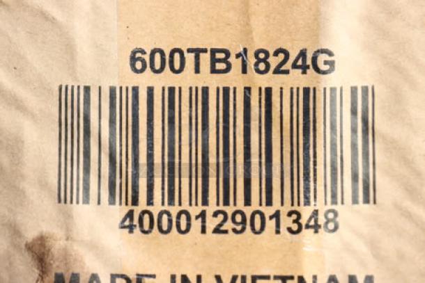 Barcode label for Regency LDR-2318 and work table, model 600TB1824G, marked "Made in Vietnam."