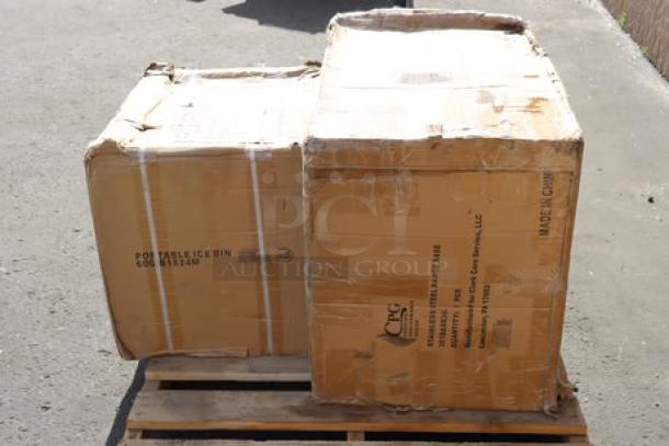 Damaged packaging of Regency C-3048D-316 stainless steel table with drawers and PIB182416 ice bin on a pallet.