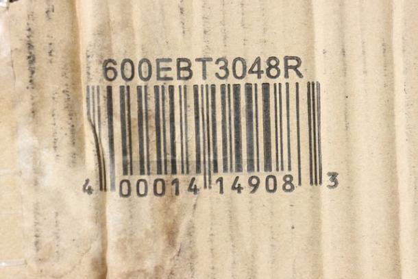 Damaged packaging showing barcode for Regency C-3048D-316 stainless steel table with sliding doors and ice bin. New condition.