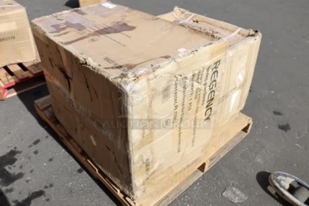 Damaged packaging for a brand new Regency C-3048D-316 stainless steel table and PIB182416 portable ice bin. Includes sliding doors and bottle holders.