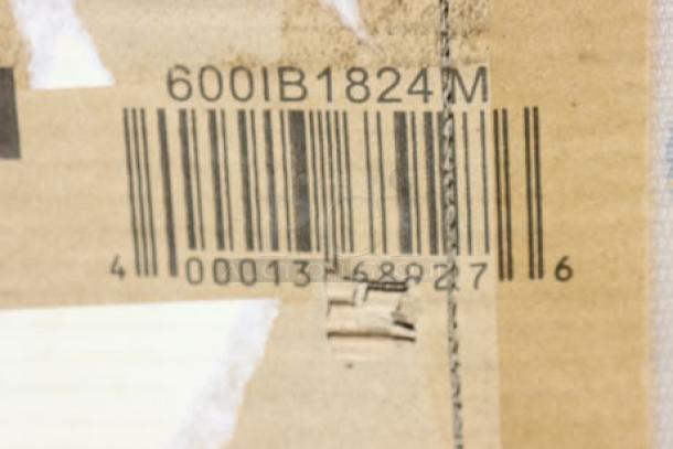 Barcode label showing "600IB1824M" on a damaged package.