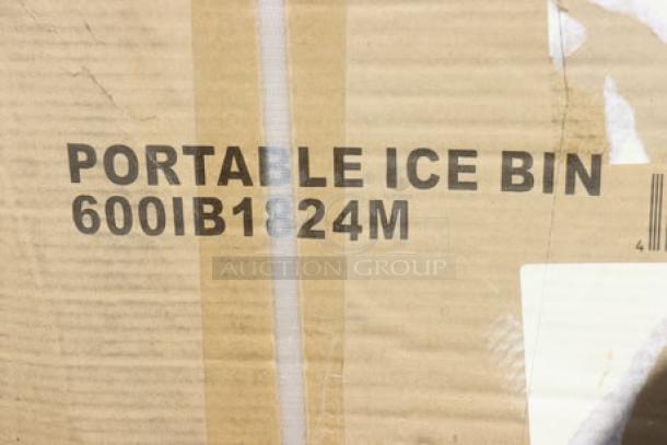 Regency portable ice bin packaging, model 600IB1824M, visible damage, brand new, includes bottle holders, 100 lb capacity.