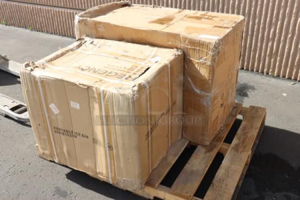 Damaged packaging of Regency C-3048D-316 stainless steel table and PIB182416 ice bin, unopened, on a pallet.