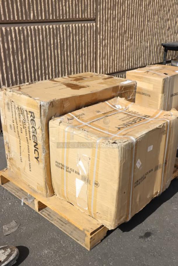 Brand new Regency C-3048D-316 table and PIB182416 ice bin in damaged packaging on pallet.