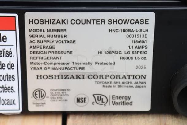 Brand new Hoshizaki HNC-180BA-L-SLH sushi display case with curved glass, 71", left side compressor, S/N Q001513E.