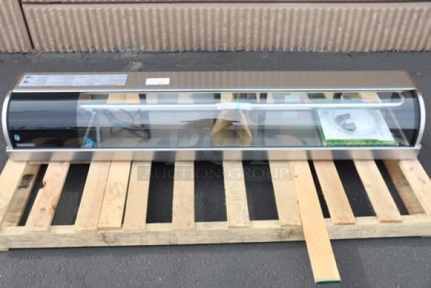 Brand new Hoshizaki HNC-180BA-L-SLH 71" curved glass sushi display case with left side compressor, on pallet.