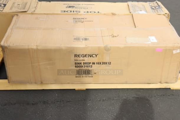 Regency 600DI31612 drop-in sink boxed, 16-gauge stainless steel, 16"x20"x12", packaging lightly damaged, minor scratches/dents.