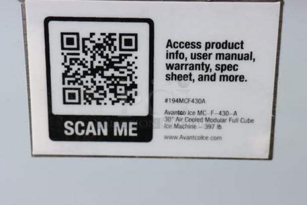 QR code label on Avantco Ice MC-F-430-A, providing access to product info, warranty, and specifications.