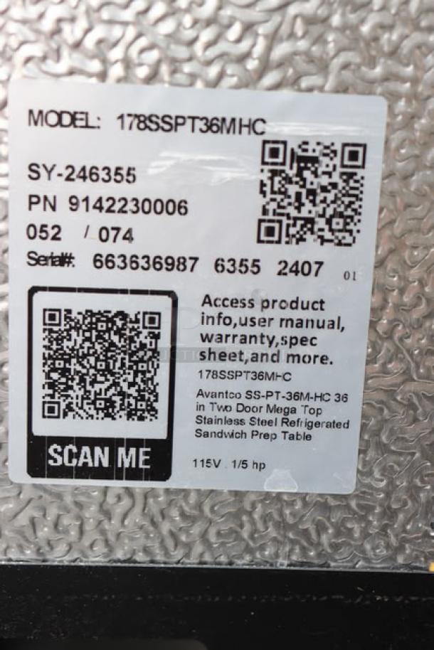 Alt text: Label for Avantco SS-PT-36M-HC sandwich prep table, showing model, serial number 663636987 6355 2407, and QR codes.