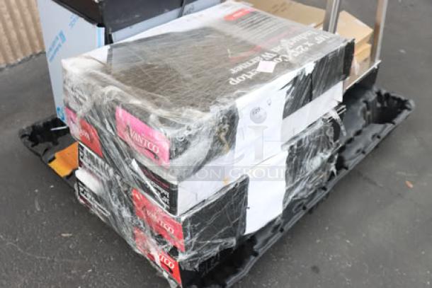 Four brand new Avantco ICW375 16" x 23" black countertop induction warmers in original packaging on a pallet.