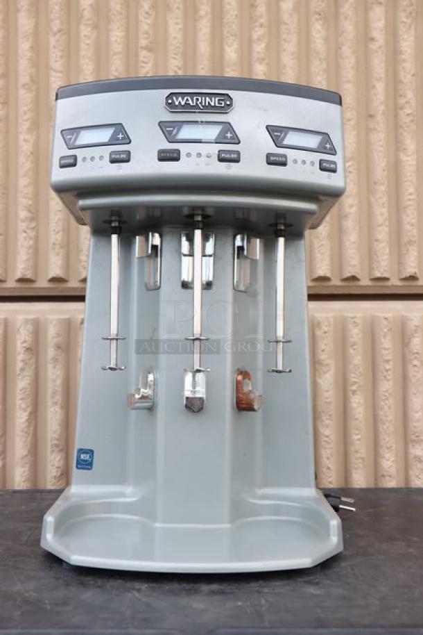 Waring WDM360TX triple spindle drink mixer with timer, 120V, 1125W. Features three speeds, digital controls, NSF certified.