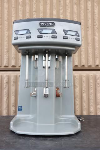 Waring WDM360TX triple spindle drink mixer with timer, 120V, 1125W. Features three speeds, digital controls, NSF certified.