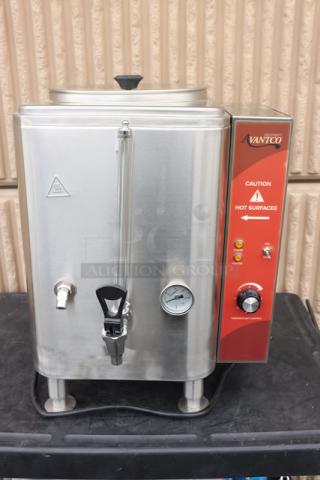 Avantco HWD10D 10-Gallon Hot Water Dispenser, 208/240V, 7,000W, new condition, missing back right leg, caution marking visible.
