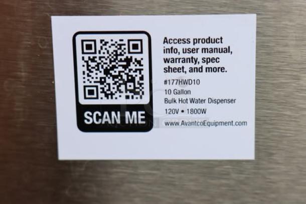 Avantco HWD10D 10 Gallon Hot Water Dispenser label with QR code for manual, warranty, and specs; 208/240V, 7,000W, missing leg.