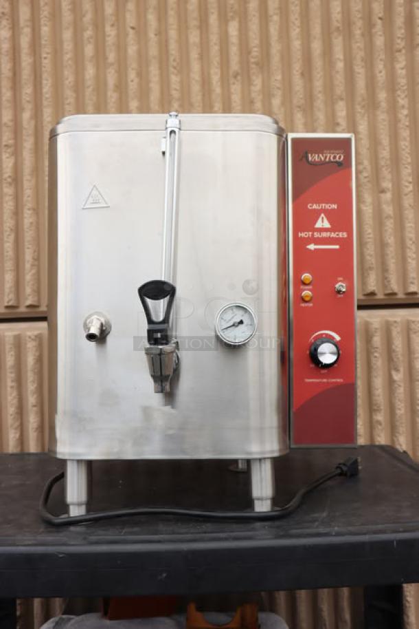Brand new Avantco HWD10D 10-gallon hot water dispenser, 208/240V, 7,000W, missing back right leg, serial number 20260300138.