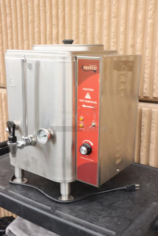 Avantco HWD10D 10 Gallon Hot Water Dispenser, stainless steel, 208/240V, 7,000W, missing back right leg, caution label visible.