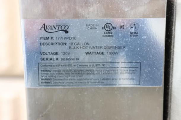 Brand new Avantco HWD10D 10-gallon hot water dispenser, missing back right leg. Serial: 20260300138. 208/240V, 7,000W.
